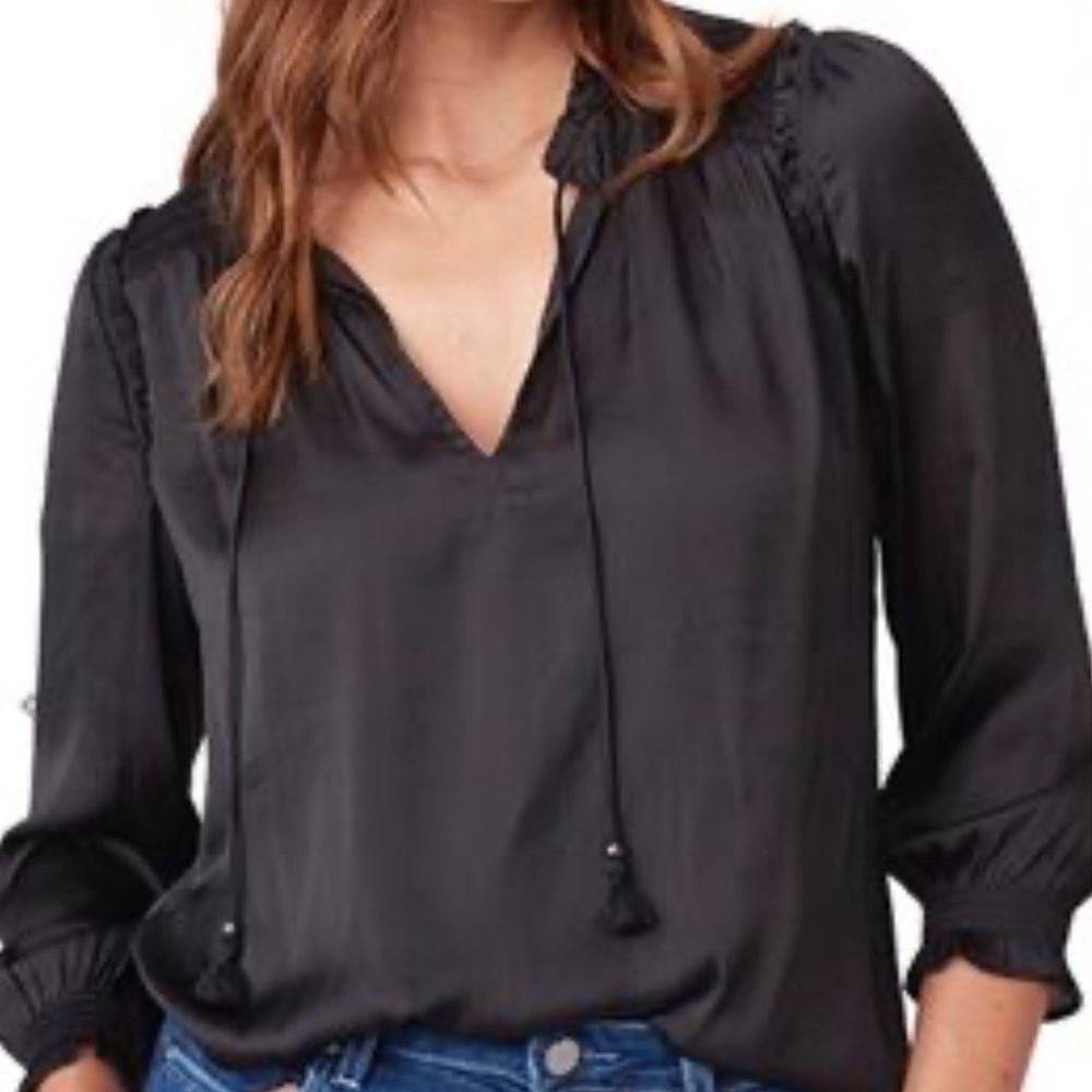 PAIGE Laramie long sleeve matte satin polyester blouse with tassels size M. - Picture 2 of 10
